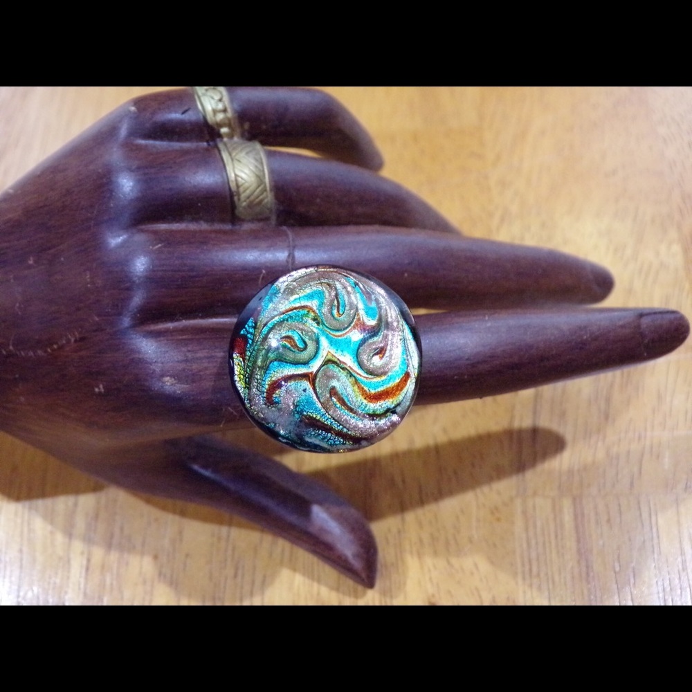 Hippy boho dichroic glass paisley ring size 7